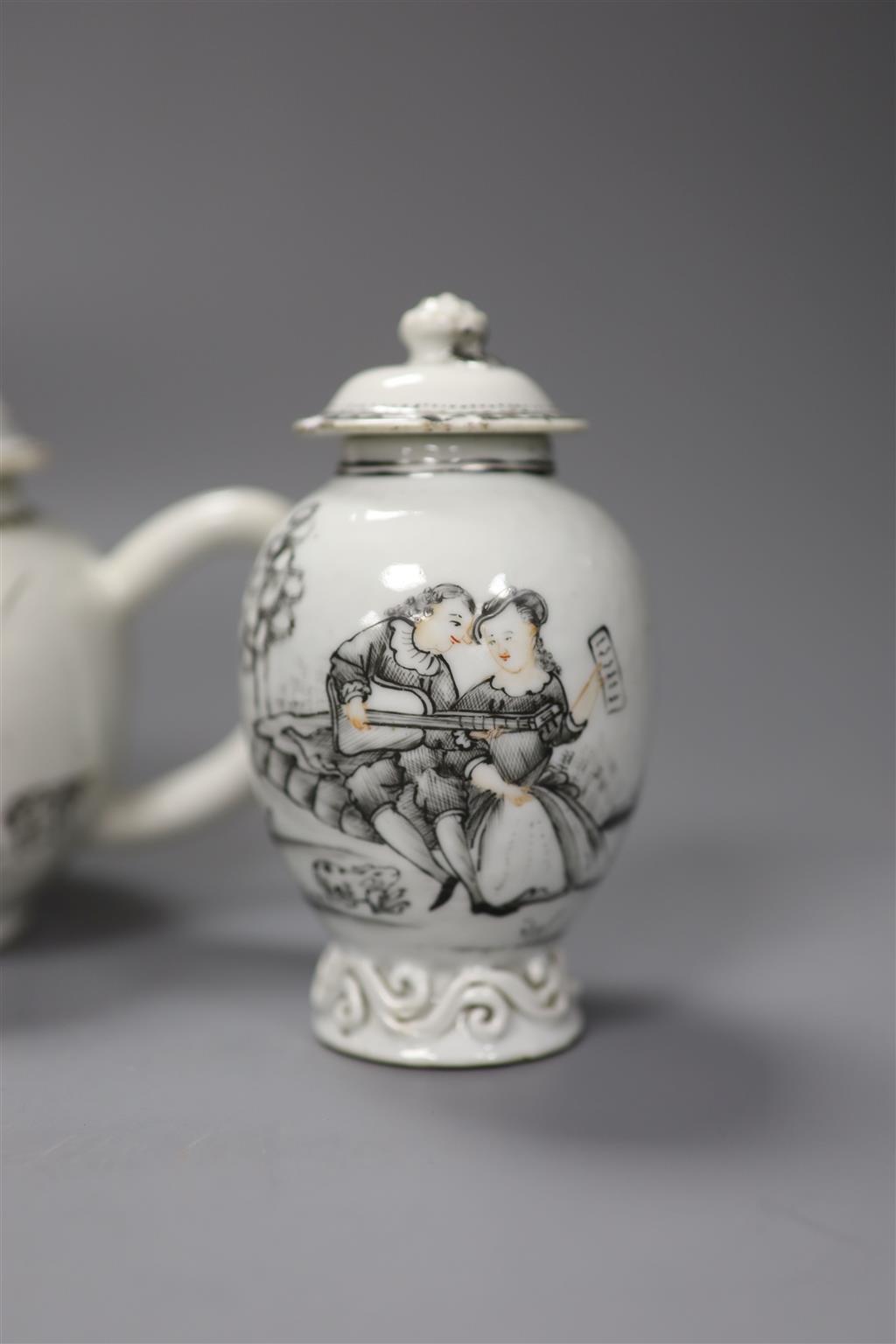 A Chinese grisaille teapot, 14cm high tea caddy and cover and a coffee cup and saucer, Qianlong period